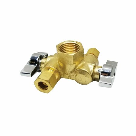 THRIFCO PLUMBING 1/2 Inch FIP x 3/8 Inch Comp x 1/4 Inch Comp Dual Outlet Shut Off Angle Stop 4406680